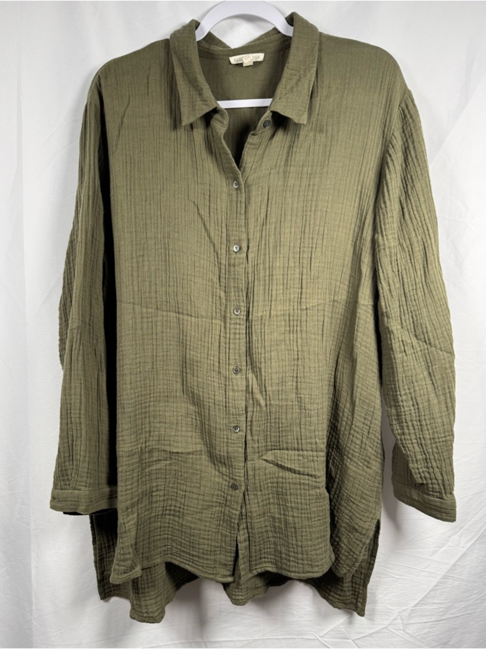 Eileen Fisher Olive Tunic-Style Lightweight Button-Down Shirt XL